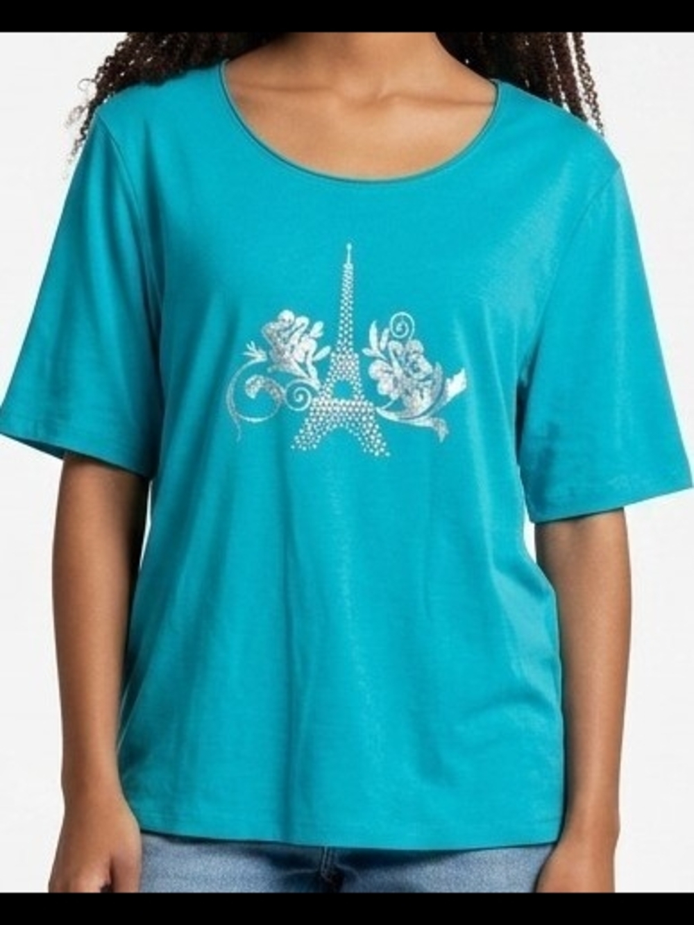 Karen Scott Womans' Teal Blue Eiffel Tower Tee Top Sparkle Graphic Travel 2XL